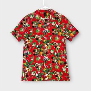Disney Mickey Mouse Aloha Hawaiian Short Sleeve Shirt Red Tropical Size Medium